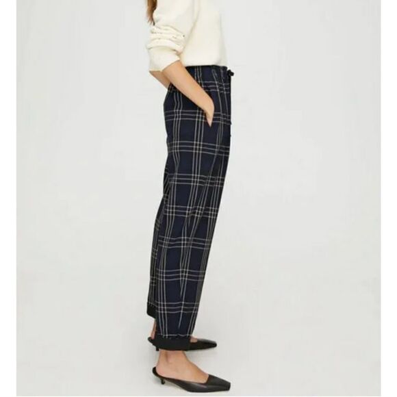 Aritzia Wilfred Blue Plaid High Rise Soleste Pants Size Small Cuffed Windowpane - Picture 2 of 12